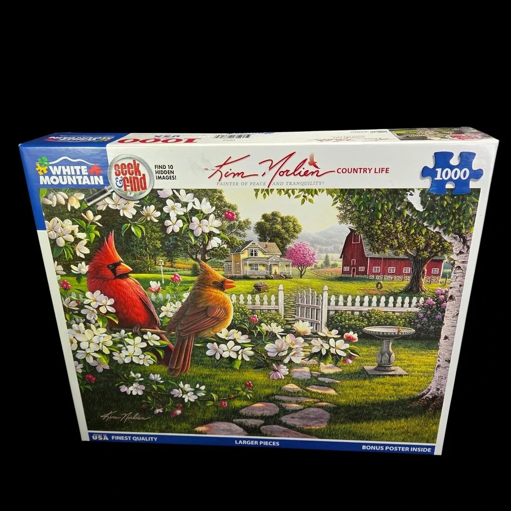 Kim Norlien Country Life 1000 Pc Puzzle Cardinals Barn Flowers Hidden Images New